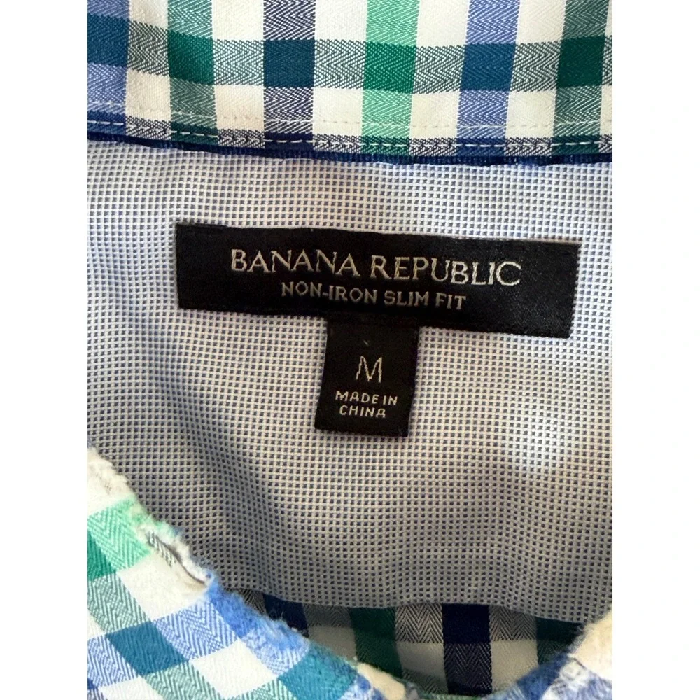 Banana Republic Mens Non-Iron‎ Slim Fit Gingham Button Down Shirt Green Blue M